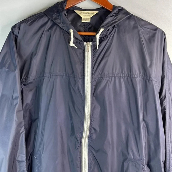 EDDIE BAUER Oversize Windbreaker Jacket Navy Hooded Drawstring Granola Size M - Picture 3 of 11